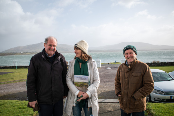 John Griffin, Kerry County Council; Rebecca Kennedy, Parks Canada; and Garry MacDonagh, National Monuments Service braving Storm Dennis on Valentia Island.