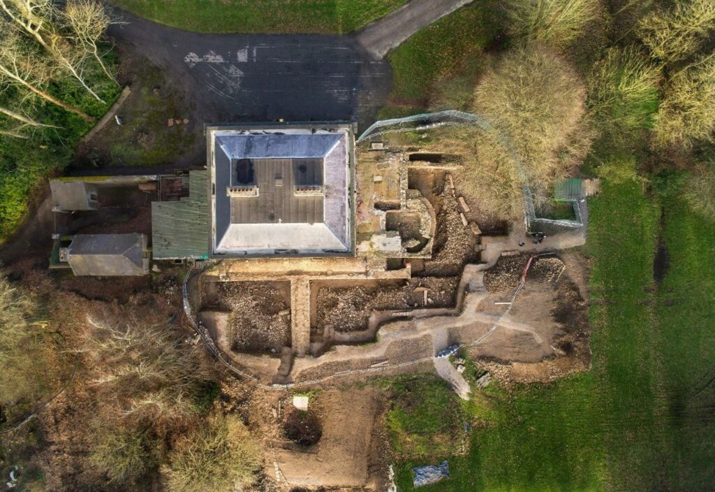 Aerial view of Dowth Hall and excavated passage tomb